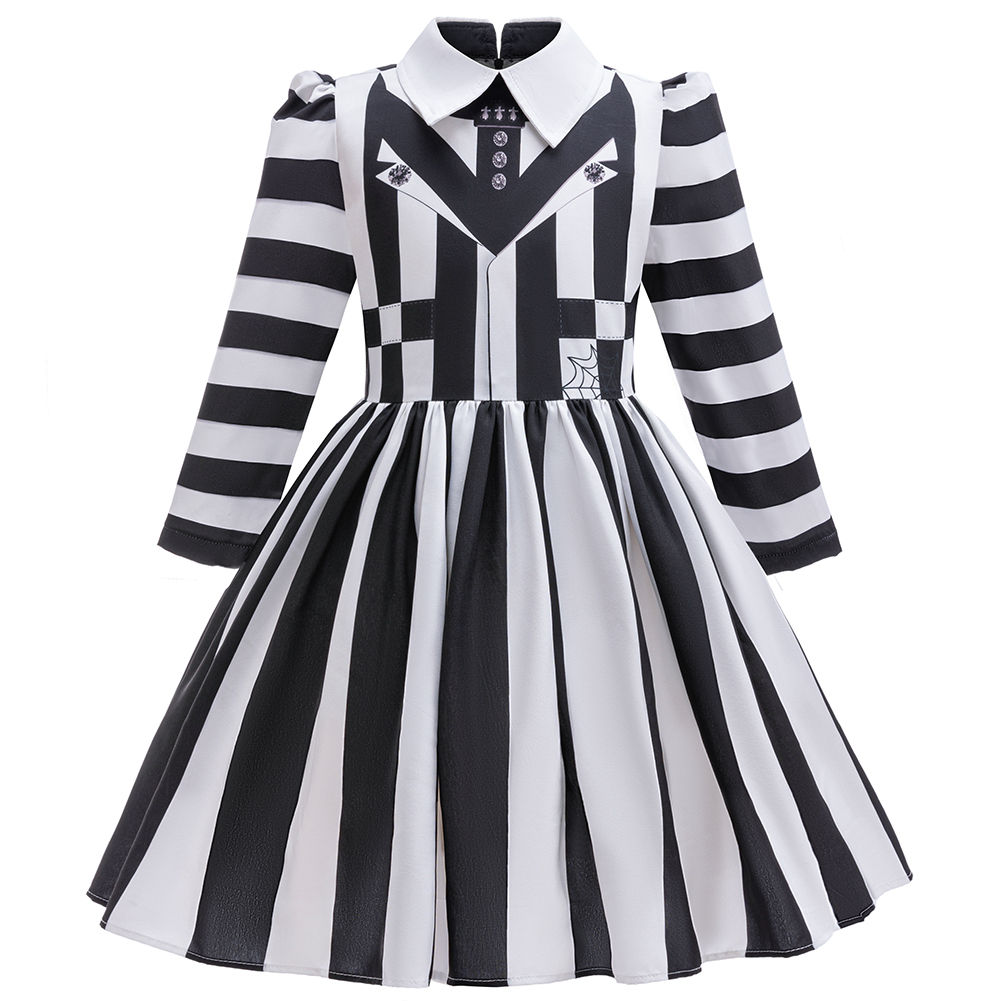 Kids Girl Horror Movie Halloween Costume Black And White Striped Princess Dress 