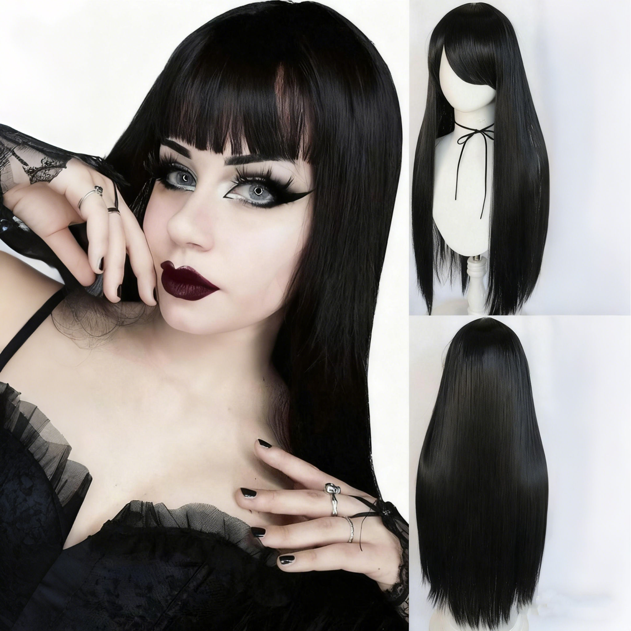 Synthetic Long Black Cosplay Wig for Women with Bangs Costume Wigs for Halloween