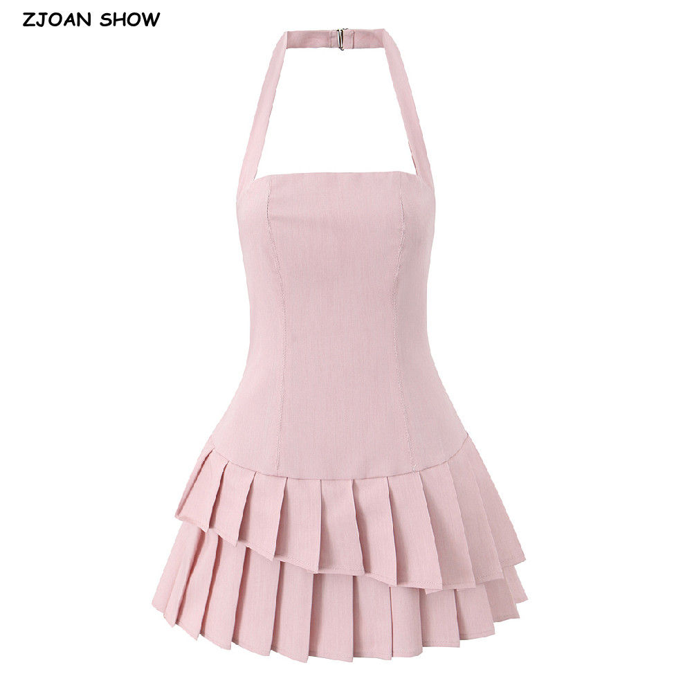 2025 Sexy Solid Color Backless Halter Dress Women Low Waist 2 layers Hem A-Line 