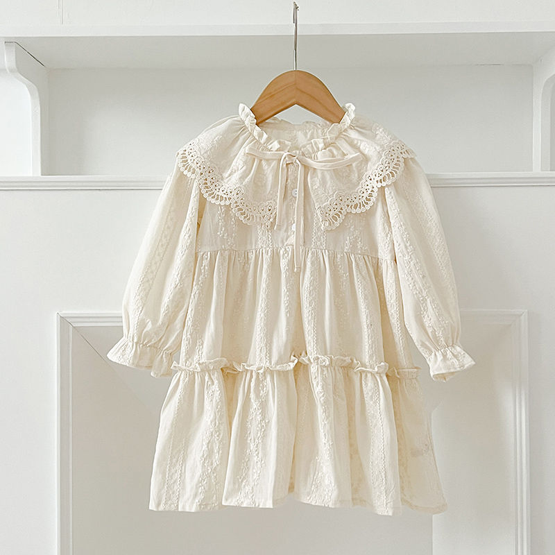 Girls Dress Baby Girls Sweet Girl Dress Ruffle Trim Long Sleeve Dress Lace Colla