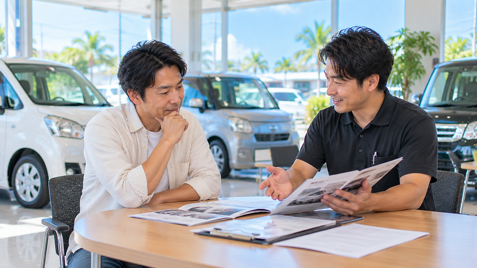沖縄の中古車販売店でスタッフが男性に自社ローンについて説明している様子
