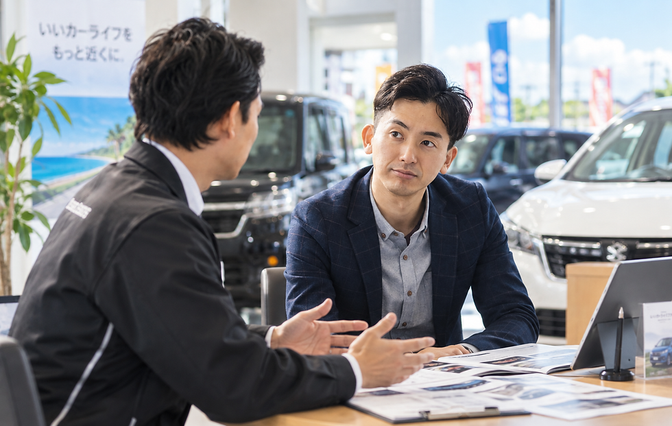沖縄の中古車販売店で車検や維持費について相談する様子