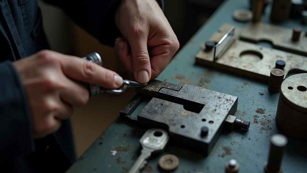 High angle view of locksmith cutting a key with a key cutting machine