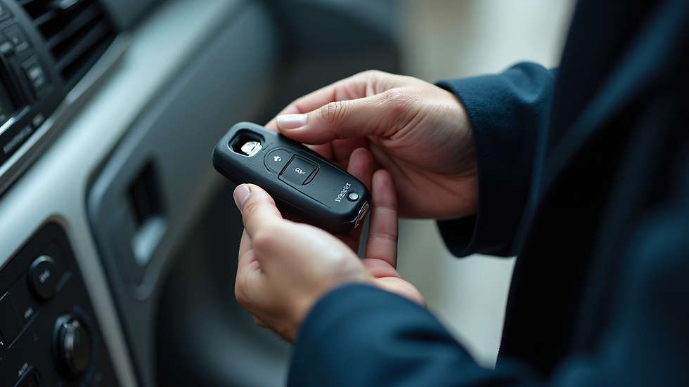 High angle view of a locksmith programming a car key fob with specialized equipment