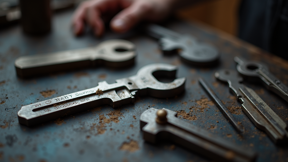 Close-up view of locksmith tools on a workbench