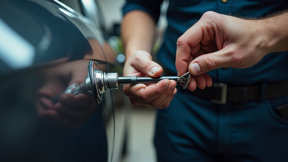 Close-up view of a locksmith working on a car door lock