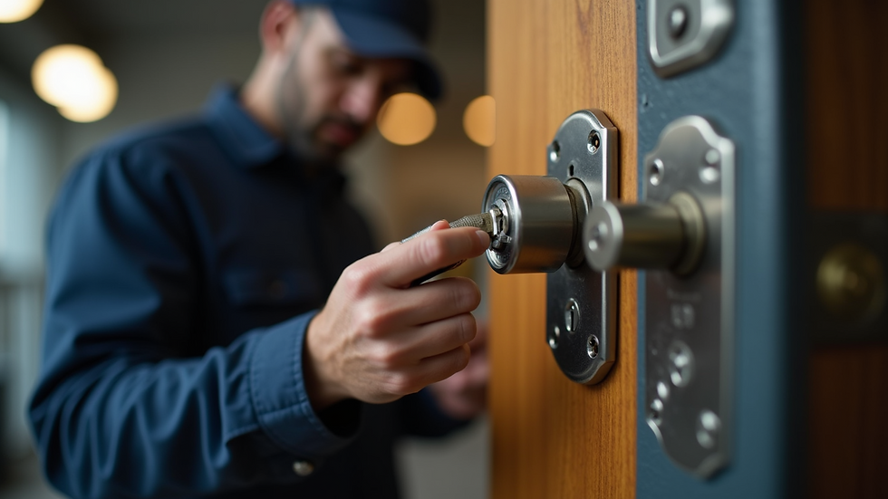 Eye-level view of a locksmith installing a new lock