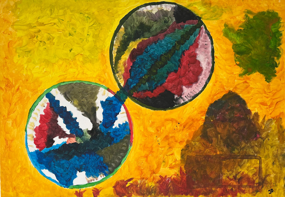 The two circular forms, vibrant with layered colors, feel like worlds in the process of being born — fragments of land, sea, and energy coalescing within glowing boundaries. The bright yellow background radiates warmth and intensity, like the primordial light of creation, while the textured brushstrokes give the impression of raw, chaotic forces slowly finding order.
It evokes:
The beginning of life — elements colliding, separating, and giving shape to existence.
Duality and connection — two spheres in dialogue, symbolizing earth and sky, matter and spirit, or even the cosmic balance of opposites.
Fertility and transformation — the suggestion of growth rising from the bottom, as if the painting captures not a fixed moment but the continuous becoming of life.
It feels both cosmic and organic, like a vision of creation that is as much about the birth of a universe as it is about the sprouting of a seed.