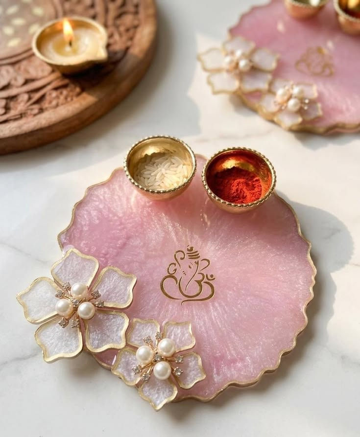 Workshop topics by Salsabila Academy, featuring handmade pink resin Rakhi, resin Jhumka earrings, a pink resin Pooja Thali with Ganesha motif, and a blue resin alphabet keychain