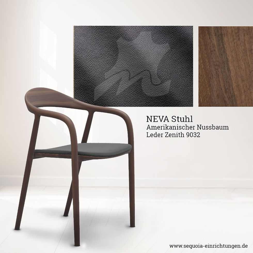 Miniaturbild: Neva Stuhl von Artisan aus amerikanischem Nussbaum mit Ledersitz, jetzt mit Rabattaktion. Moderner eleganter Esszimmerstuhl