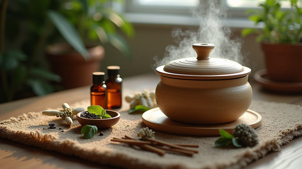 Eye-level view of a steaming kit with herbs and essential oils
