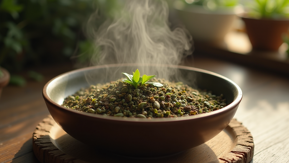 Close-up view of a steaming herbal blend in a bowl