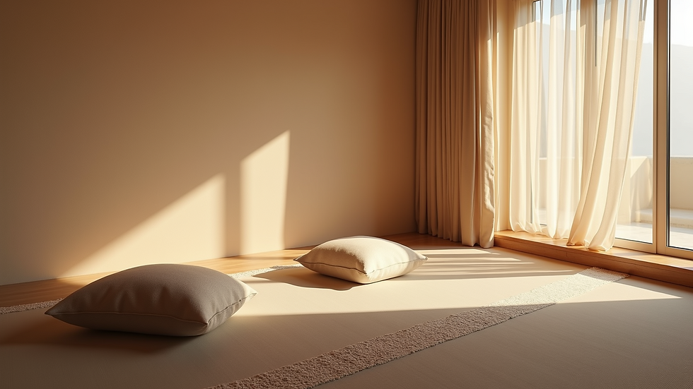 High angle view of a peaceful meditation space with cushions and soft lighting