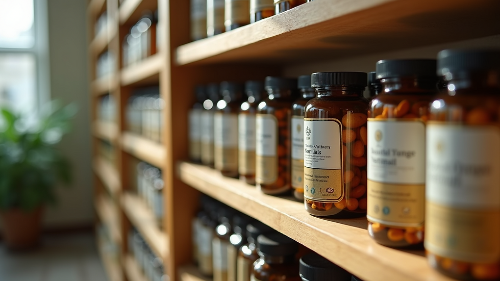 Eye-level view of natural herbal supplements on wooden shelves