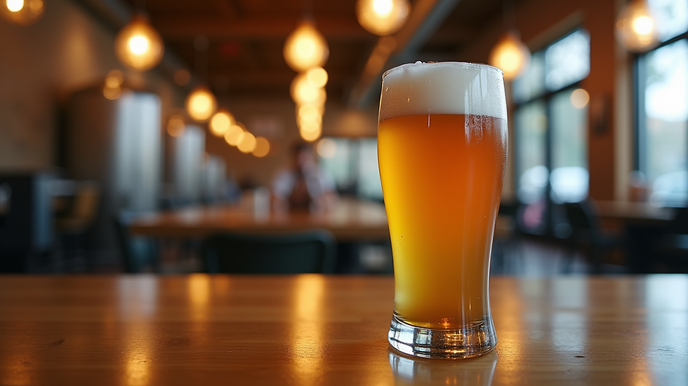 Close-up view of a craft beer glass on a wooden table at a Silverthorne brewery
