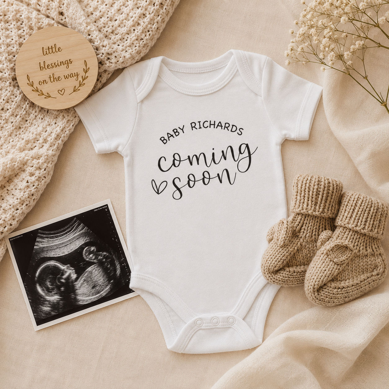 Pregnancy Announcement Baby Onesie & Newborn Shoes Gift Set