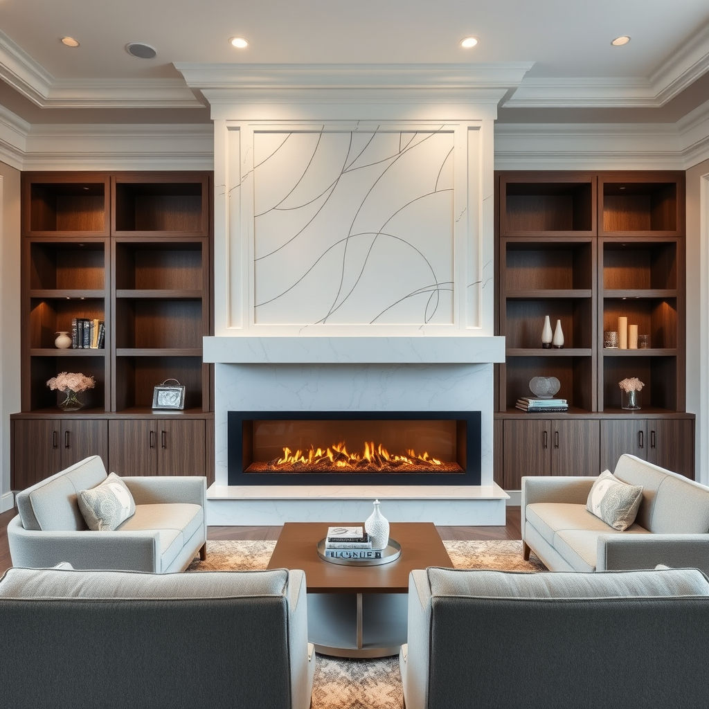 “Custom stone fireplace with elegant wood mantel, centerpiece of luxury living.” “Handcrafted crown molding and baseboards adding timeless elegance to interiors.” “Seamless drywall repair with smooth finishes for a flawless luxury look.”