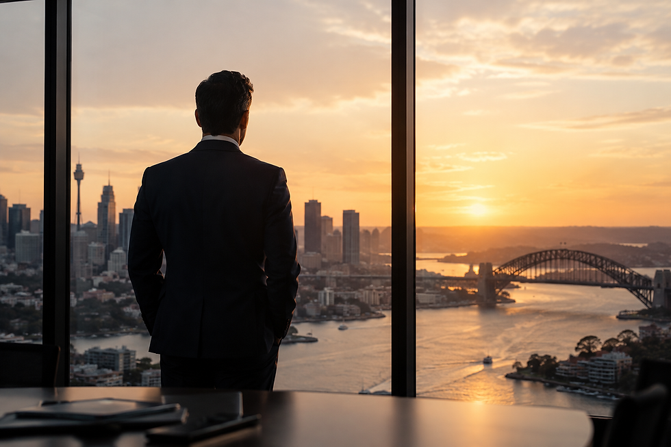 Man in a dark suit stands by a window, gazing at a golden sunset over Sydney skyline and harbor bridge.