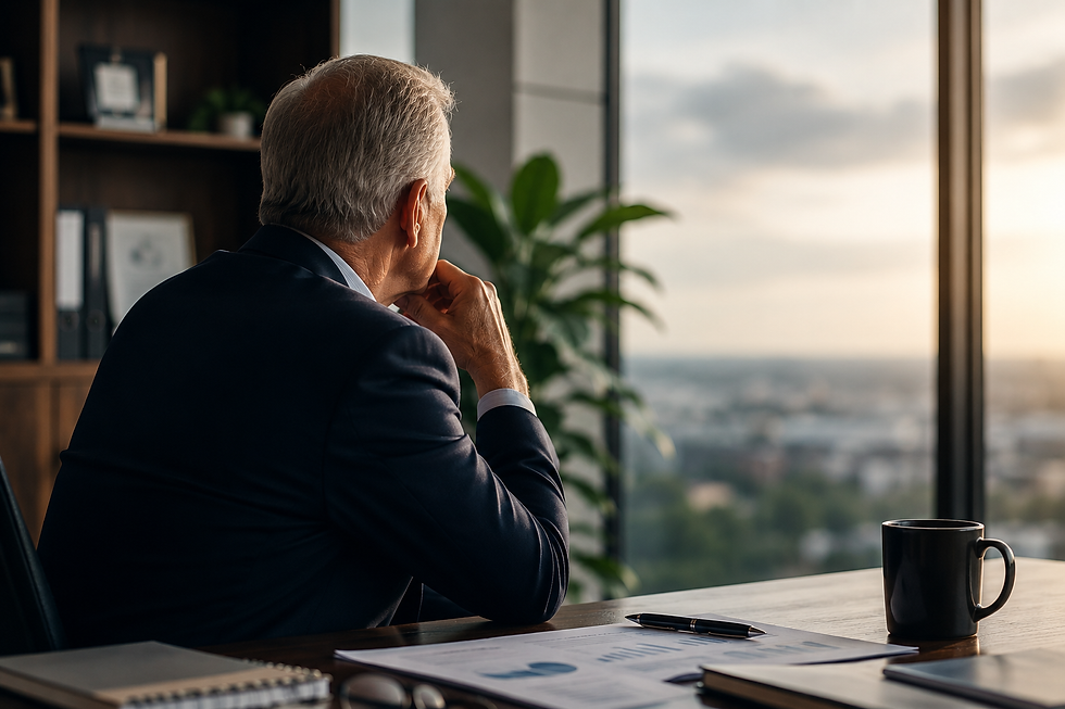 Older man in a dark suit sits at an office desk, gazing out a window at the city; mug, pen, and charts in warm light.