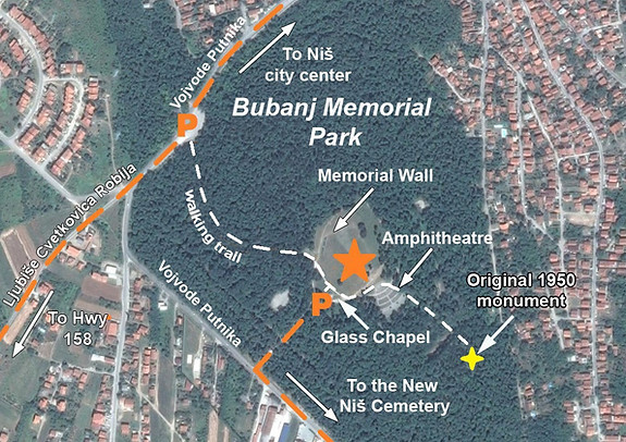 A map of the location of the spomenik at Niš, Serbia.