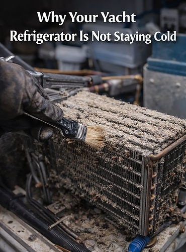 Marine technician cleaning dirty condenser coils on a yacht refrigeration system during routine marine refrigeration maintenance.