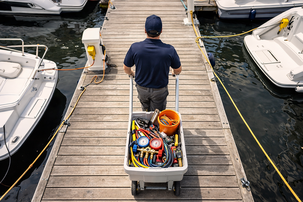 Marine technician pushing tool cart on marina dock in Baltimore Chesapeake Bay