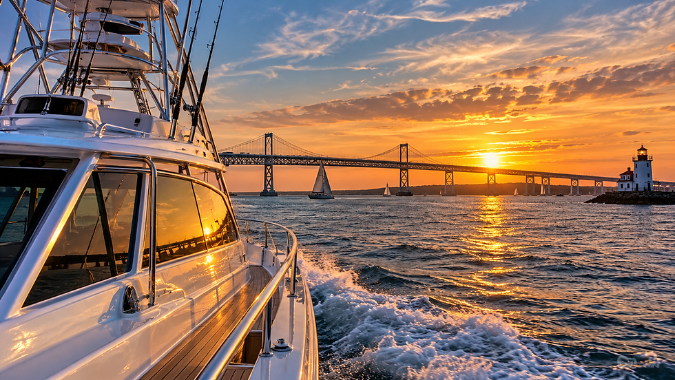 Luxury sportfishing yacht cruising across the Chesapeake Bay at sunset, with the Chesapeake Bay Bridge, sailboats, and a lighthouse in the background, representing marine air conditioning and yacht systems service along the East Coast.