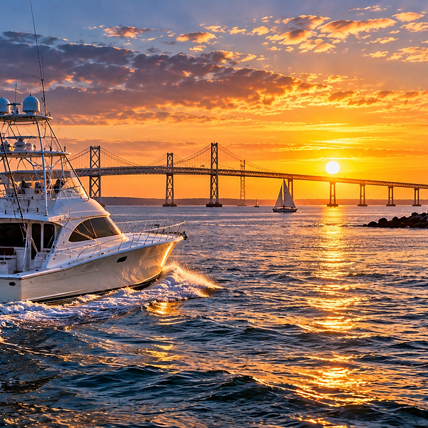 Illustration of a luxury sportfishing yacht cruising across the Chesapeake Bay at sunset, with the Chesapeake Bay Bridge, sailboats, and a lighthouse in the background.