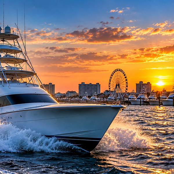 Illustration of a luxury sportfishing yacht cruising near Ocean City, Maryland, at sunset, with a marina, fishing boats, and waterfront skyline in the background.