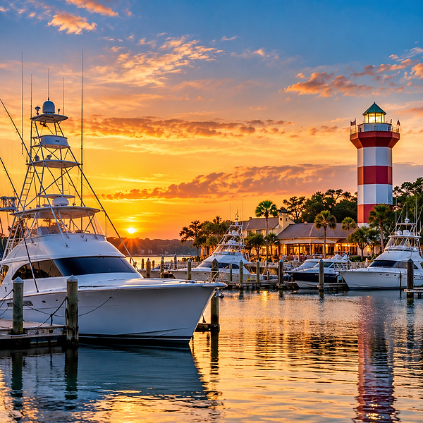 Illustration of luxury sportfishing yachts docked at a Hilton Head Island marina, with the Harbour Town Lighthouse and waterfront at sunset.