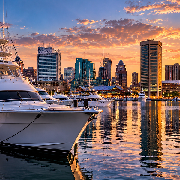 Illustration of a luxury sportfishing yacht docked at Baltimore's Inner Harbor, Maryland, with the waterfront skyline and marina at sunset.