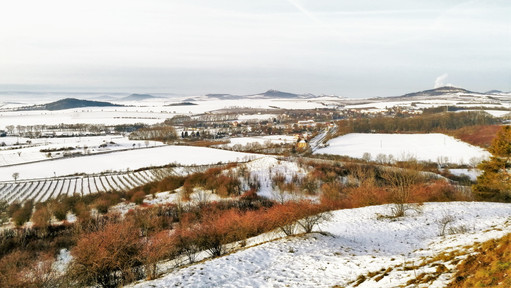 Pohled na vesničku Třebívlice z vyššího vrcholu kopce Kvítel