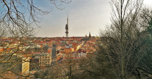 Pohled z Vítkova na žižkovské domy