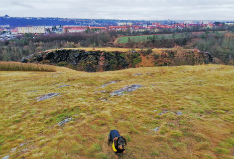 Květuška stojící na Kozákově skále a vzadu je Šestákova skála