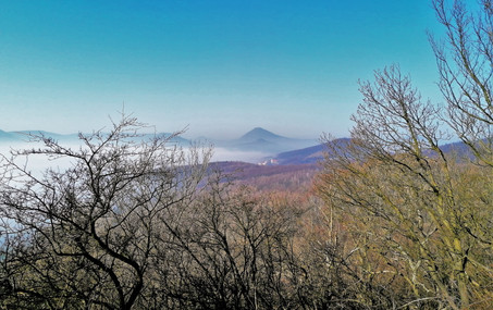 Dobře viditelné budovy zámku a kostela v Milešově, Milešovka a ostatní věci při pohledu z Košťálova překryla mlha