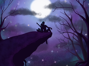Two people sitting on a cliff edge looking up at the moon
