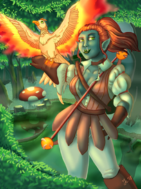Green-skinned orc woman in fantasy armor stands in a lush forest, holding a staff and wearing a falconry glove with a glowing, fiery phoenix perched on her arm; oversized mushrooms and vibrant foliage fill the background.