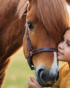 child hugging small pony with the child's face looking away and in a grass paddock