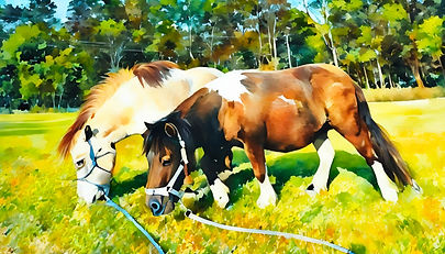 Shadow and Koda eating grass together in a watercolour effect image