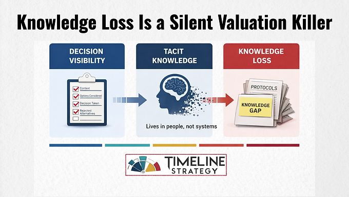 Diagram showing how biotech knowledge loss occurs when decisions live in people instead of systems, leading to knowledge gaps and execution risk.