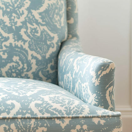 horizontal image... upholstery chair beachy, cape cod aesthetic, in light azure color patt