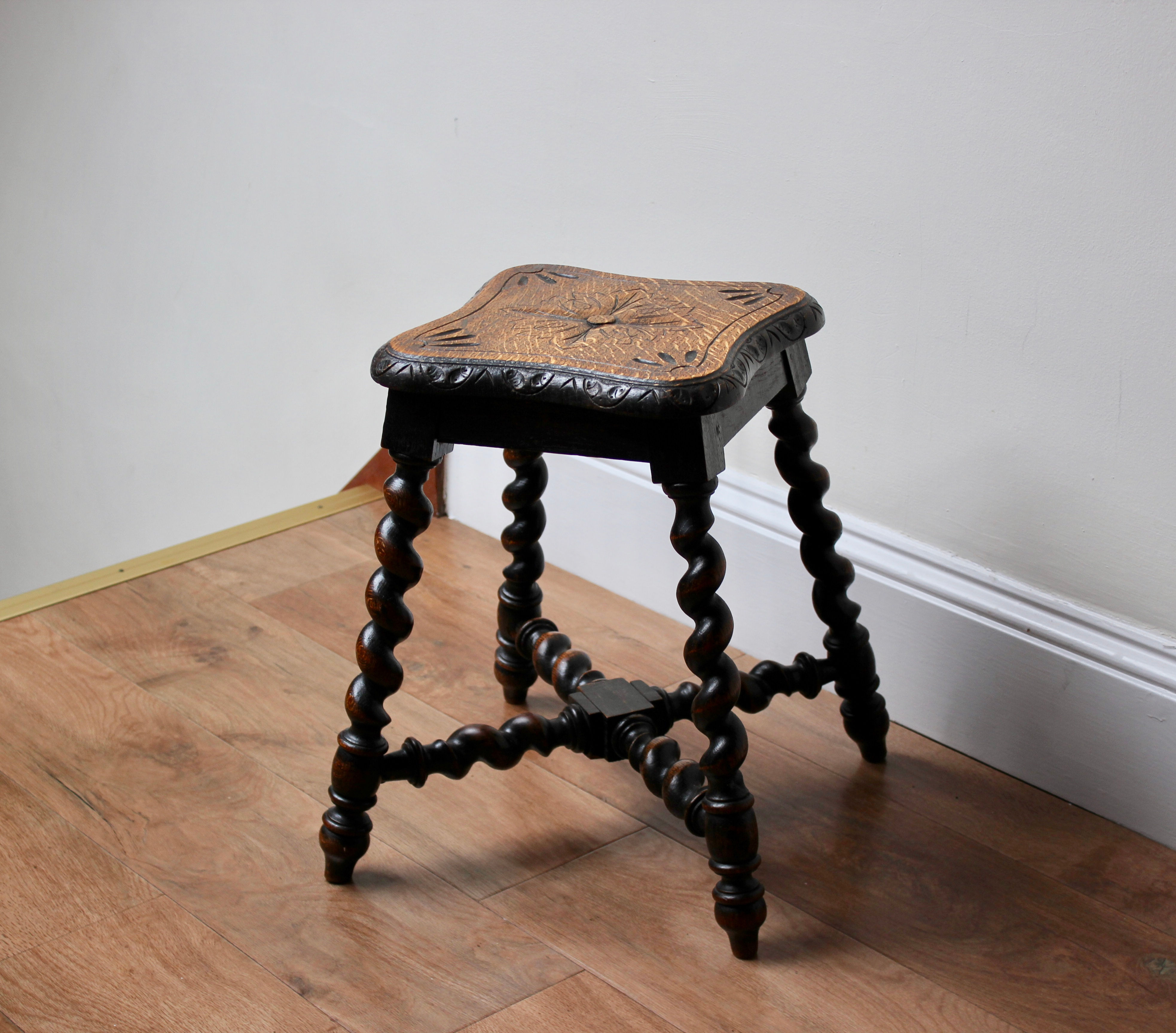 Antique Carved Oak Stool, Side Table, Plant Stand with Barley Twist Legs