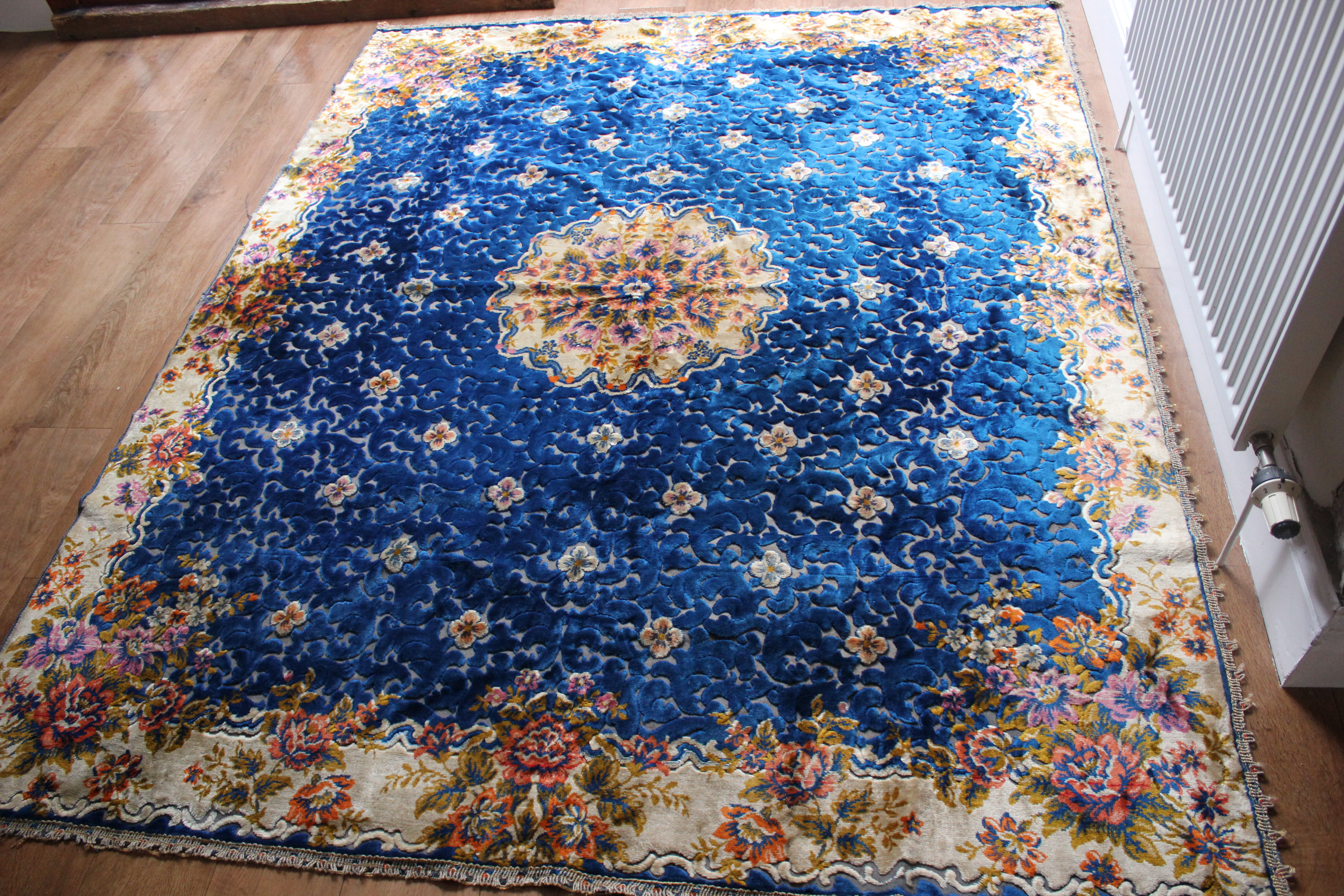 Beautiful Antique Royal Blue Patterned Silk Chenille Rug, Throw, Wall Hanging, B