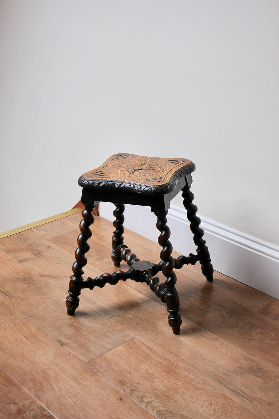 Thumbnail: Antique Carved Oak Stool, Side Table, Plant Stand with Barley Twist Legs