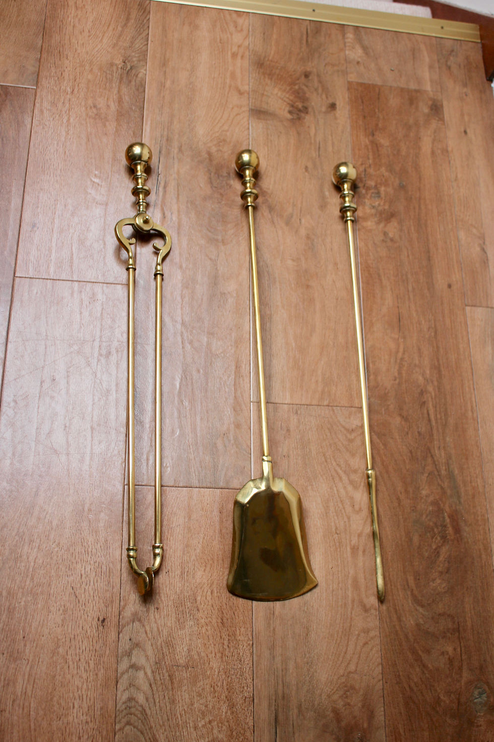 Thumbnail: Antique Large Brass Companion Fire Set - Shovel, Poker, Tongs