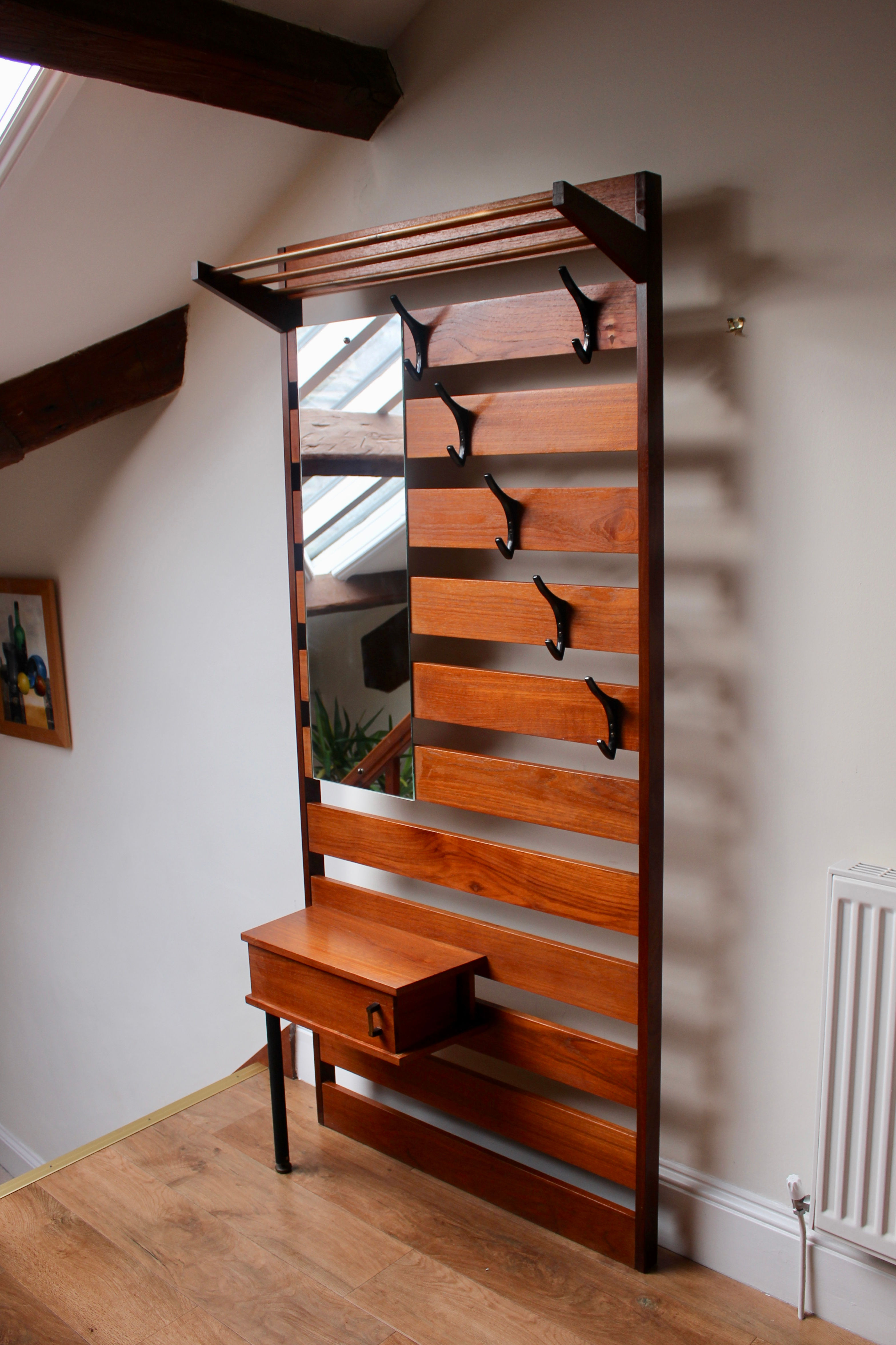 Vintage Teak Scandinavian Style Wall Mounted Hallway Slatted Coat Hanger