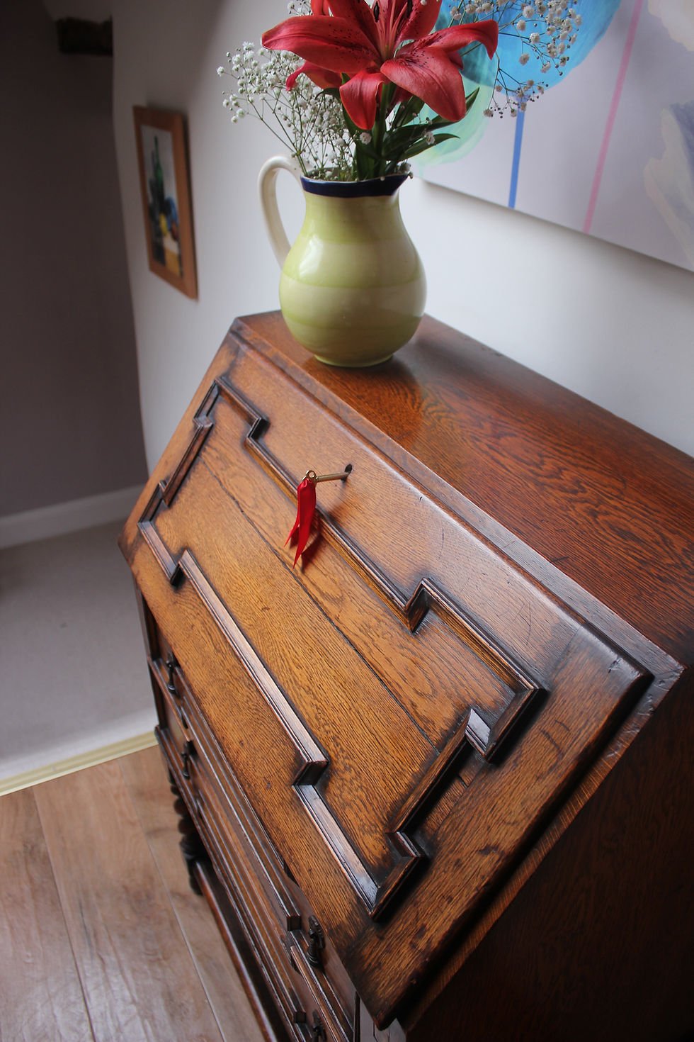Thumbnail: Antique Jacobean Style Oak Bureau with Barley Twist Legs