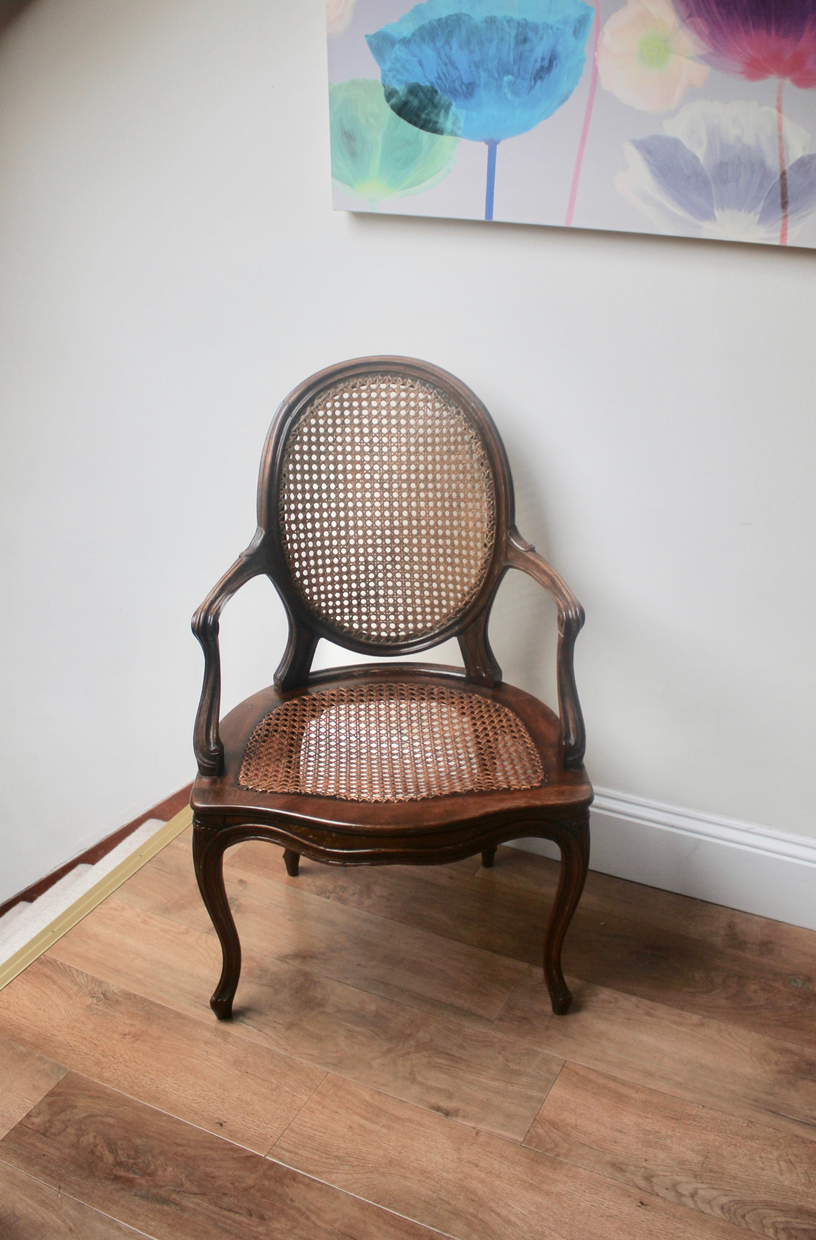 Vintage French Style Bergère Cane Carver Dining Chair Armchair