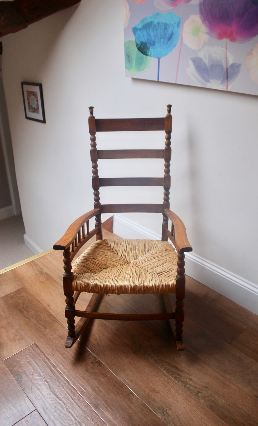 Thumbnail: Antique Rush Seated Stripped Oak Bobbin Rocking Chair
