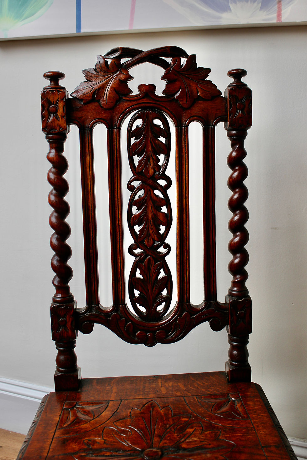 Thumbnail: Antique Decorative Oak Hall Chair with Barley Twist Legs
